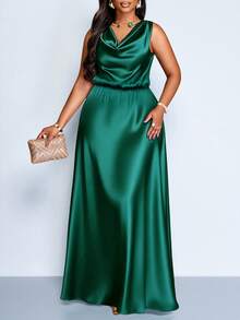 SOLERSUN Vestido de fiesta elegante para mujer de talla grande, adecuado para ocasiones importantes como fiestas de cumpleaños, temporada de graduación, té de la tarde, Acción de Gracias y temporada de bodas. Las características incluyen un escote drapeado, diseño sin mangas, cintura alta, silueta en A y longitud extra larga. Hecho de material de satén/seda, perfecto para el verano. - Verde Oscuro - Ver 2