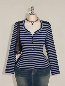 SHEIN ICON Women's Plus Size Autumn/Winter Contrast Lace Black & Grey Striped Slim Fit T-Shirt Fall - Navy Blue - View 9