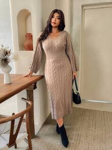 Lounesse Plus Size Women Solid Color V-Neck Casual Business Elegant Daily Knit Dress Fall Formal Date Night Vacation Evening Party Office Wedding Khaki - Khaki - View 6