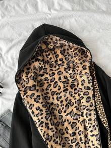 SHEIN 青少年女孩秋冬新款休閒黑色拼接豹紋可正反穿鬆款連帽學院風夾克外套 - 黑色 - 查看 7