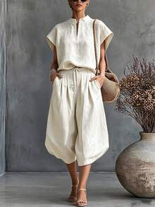 SHEIN Holidaya 新款淺米色水洗亞麻POLO落肩3/4燈籠褲兩件套，休閒度假風，適合度假、日常通勤、旅行 - 米色 - 查看 3