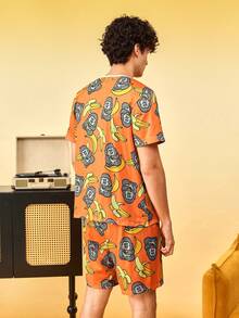 Notgurli Men's Orange Gorilla & Banana Print Milk Silk Crew Neck Short Sleeve 2 Pieces Set, Casual Daily Loungewear Outfit - Multicolor - View 3