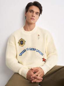 Claim Dot Autumn/Winter New Personalized Embroidered Pullover Long Sleeve Distressed Men's Sweater Holiday Festival Autumn Streetwear Winter - Apricot - View 6