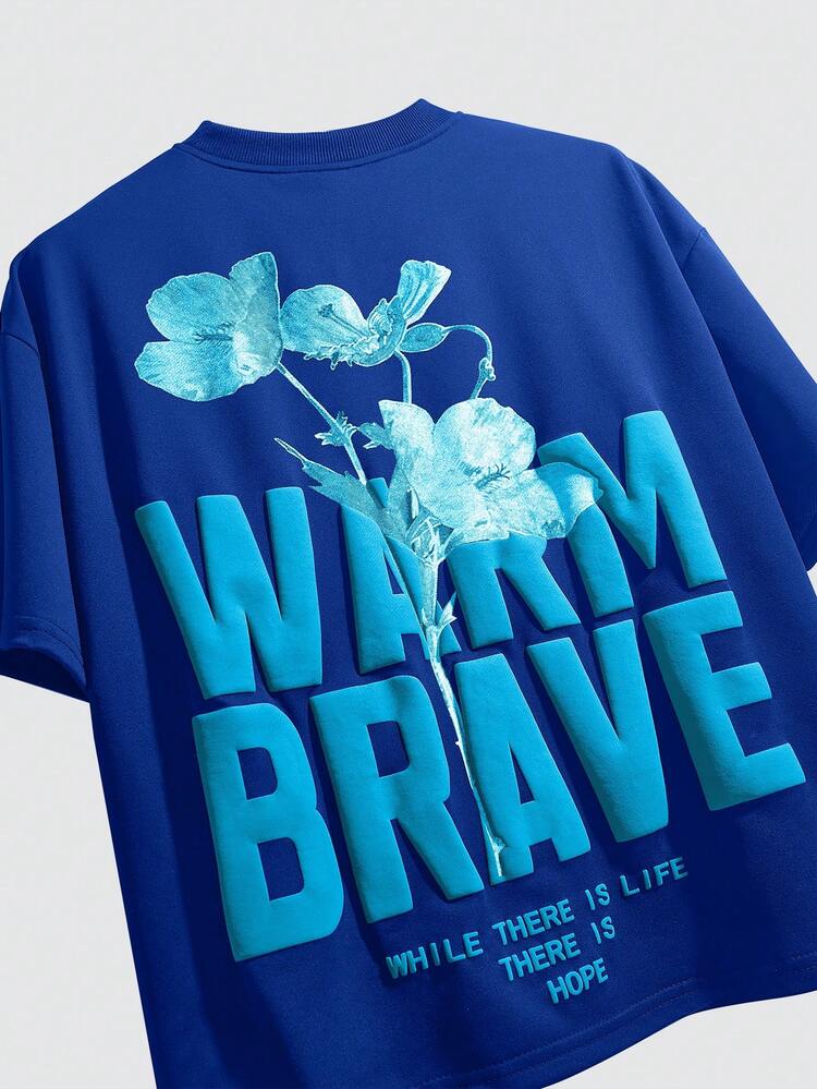PAVTROS Men's Streetwear Hot-Selling Floral English Letter 3D Puff Print Black T-Shirt, Outdoor Music Festival, Daily Wear, Friends Gathering, Boyfriend/Husband Gift, Anniversary Gift - Royal Blue - View 5