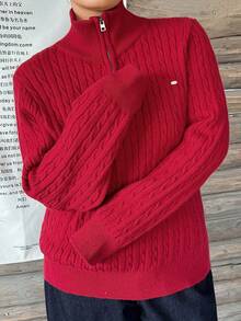 Dazy Plus Solid Color Casual Half-Button Loose Fit New Year Red Christmas Long Sleeve Pullover Sweater, Autumn/Winter - Red - View 3