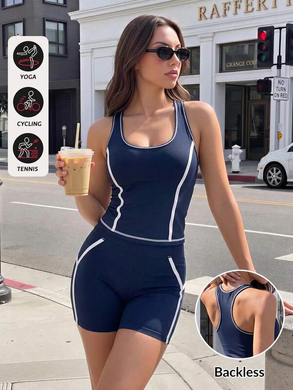 SHEIN Dewbera Women's 2-Piece Sporty Casual Set, Blue & White Colorblock Slim Fit Split Line Racerback Tank Top And Tight Butt-Lifting Curved Back Shorts