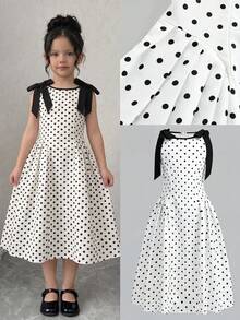 Firerie Kids Firerie Kids 女童优雅复古法式黑白波点撞色蝴蝶结腰带连衣裙，休闲百搭，适合各种场合，如典礼、派对等，舒适柔软。 - 黑與白 - 查看 2