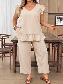 SHEIN CURVE+ 2pcs Plus Size Women's Solid Color Back Single-Row Button Short Sleeve Shirt And Pants Set - Khaki - View 4