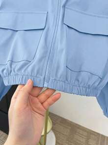 SHEIN 青少年女孩編織素色貼袋短版寬鬆休閒連帽外套 - 藍色 - 查看 4