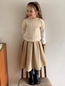 DAZY Loose A-Line Pleated Long Skirt Solid Color Cute Minimalist Young Girls Skirt Fall - Khaki - View 6