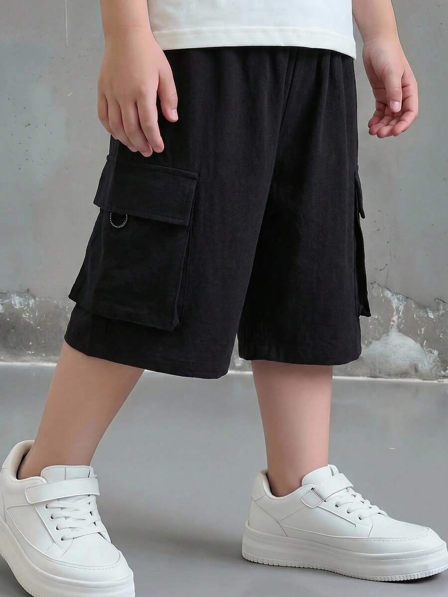 SHEIN 兒童青少年男孩休閒日常舒適 3D貼布口袋寬鬆素色梭織短褲