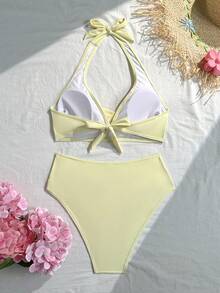 Swim Vcay 時尚花卉泳裝：黑色露背比基尼上衣 + 高腰短褲，飾有鮮豔百合花圖案 - 時尚舒適的泳裝套裝，適合夏季度假、海灘休閒與假日穿著 - 黃色 - 查看 2