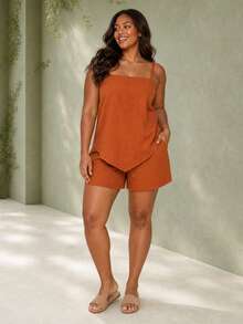 ELLERISSA Plus Size Burnt Orange Linen-Like Cami & Shorts Co-Ord Set - Burnt Orange - View 1