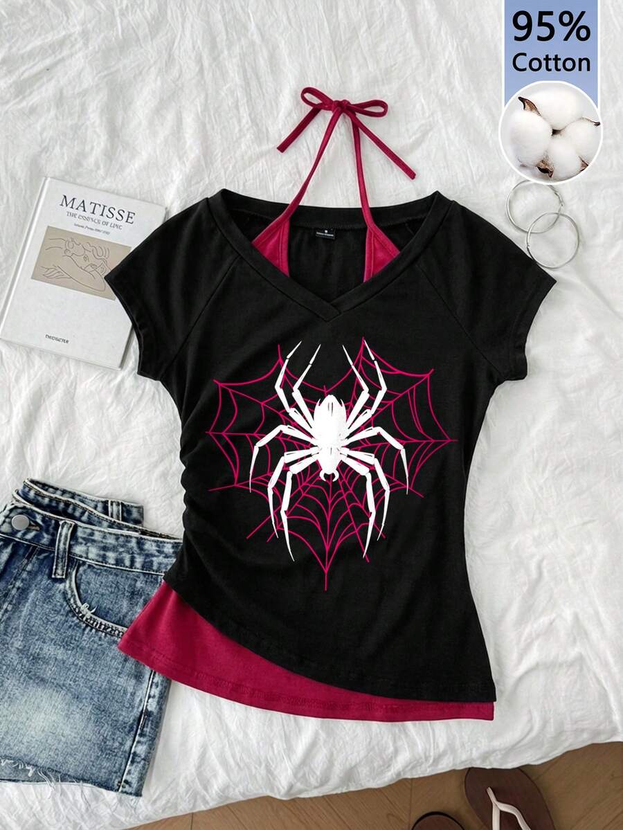 Attitoon Women's Casual Retro Colorblock 2 In 1 Spider Graphic V-Neck Halter Tie Short Sleeve T-Shirt, Suitable For Summer - Black - View 1