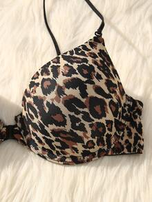 Bare Chapter 2pcs/Set Leopard Print Front Closure Seamless Padded Adjustable Bra With Romantic Racerback, Wire-Supported Lingerie Set For Women - Black - View 7