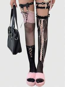 ROMWE Anime Black Y2K Contrasting Straps Knitted Leg Cover, Gothic Black And White Lace-Up Bow Socks Cover, With Angel Love Leg Ring Set. - Black - View 1