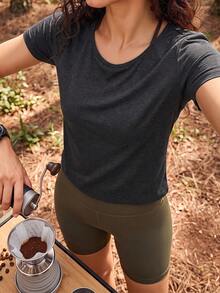 Exploreva Exploreva Women's Solid Color Backless Casual Versatile Daily Short Sleeve T-Shirt - Dark Grey - View 6