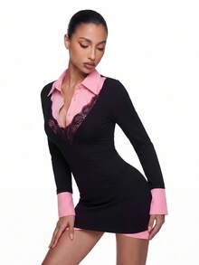 SHEIN ICON Herbst/ Damen Schulanfang elegantes sexy Farbblock Kontrast Spitze Mini-Kleid Nachtausgang Club Schwarz und Pink - Schwarz - Übersicht 5