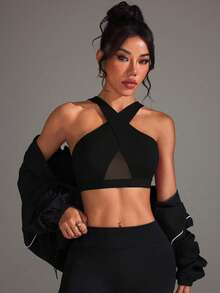 SHEIN Velisys Bra Olahraga Tanpa Jahitan Model Halter untuk Wanita - Hitam - View 4