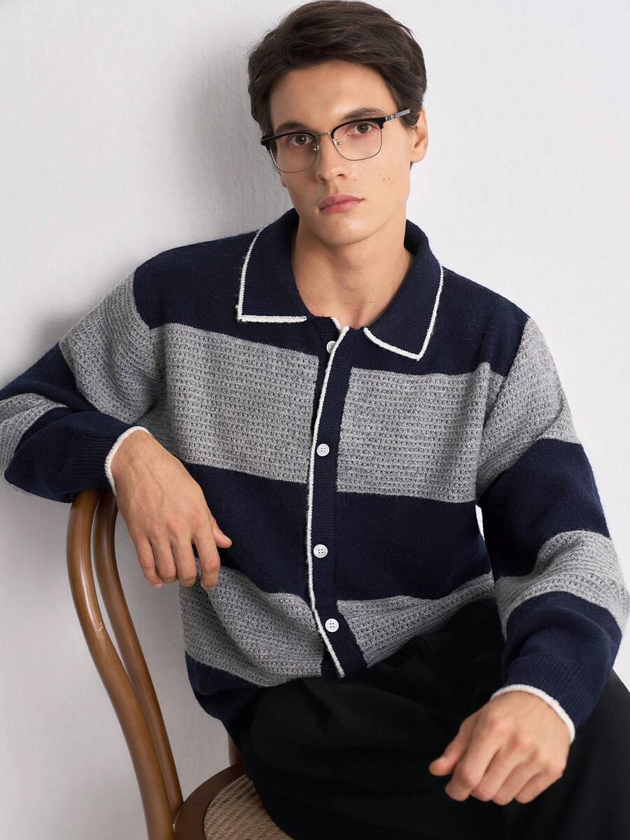 RONVEXI Cardigan Pria Kasual Musim Gugur/Dingin dengan Motif Patchwork Blok Warna - MultiWarna - View 1