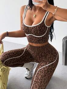 Dewbera Dewbera 2 Potong Set Olahraga, Atasan Tank Top Yoga Fitness Ketat Tanpa Jahitan, Legging Lari Olahraga Blok Warna Pinggang Tinggi - Coklat - View 8