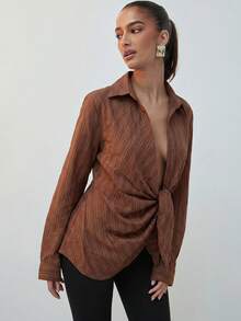 Hauture Women's Long Sleeve Stripe Textured Tie Front Shirt Old Money Sexy Office Night Out Date Night Style Casual Brown Stripe Fall - Brown - View 4