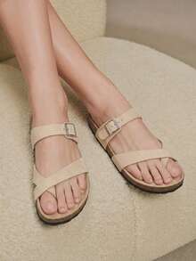 Solecia Women's Adjustable Buckle Casual Beach Slippers For Christmas Summer Shoes - apricot flannel - View 6
