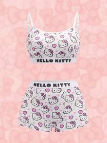 HELLO KITTY AND FRIENDS | SHEIN 女士可爱卡通猫咪印花字母文胸和内裤套装 - 白色 - 查看 1