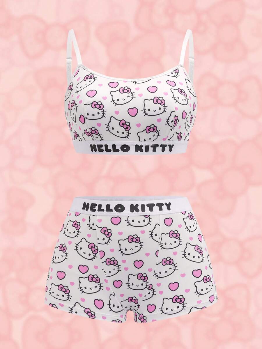 HELLO KITTY AND FRIENDS | SHEIN 女士可爱卡通猫咪印花字母文胸和内裤套装 - 白色 - 查看 1