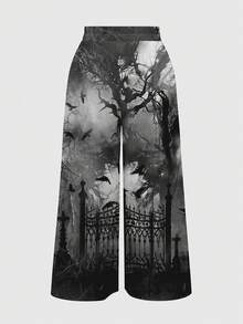 ROMWE Goth 深色哥德風萬聖節恐怖神秘蝙蝠大尺碼長褲 - 黑色 - 查看 2