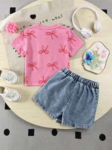 SHEIN Playful Pals 返校季女童休閒可愛圓領標準肩彩色波點彩虹印花T恤與素色牛仔裙褲套裝，夏季 - 粉色 - 查看 3