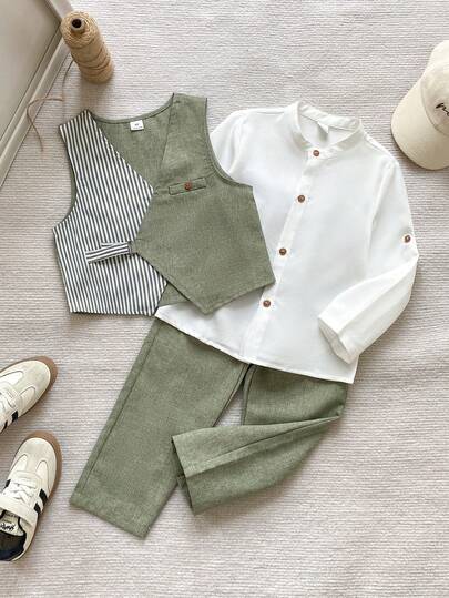 PrepCrw Setelan Jas Anak Laki-Laki 3 Potong Elegan, Kasual, Nyaman, Serbaguna, Tampan, Berkerah Tegak, Kemeja Lengan Panjang Putih, Rompi Bergaris Hijau, dan Celana Panjang, Cocok untuk Kembali ke Sekolah, Cocok untuk Jalan-jalan, Cocok untuk Aktivitas Santai, Cocok untuk Pesta, Cocok untuk Musim Gugur, Cocok untuk Musim Dingin, Pernikahan, Perayaan Ulang Tahun