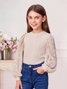SHEIN Serisse Kids Tween Girl Swiss Dot Lantern Sleeve Waffle Knit Tee - Beige - View 7