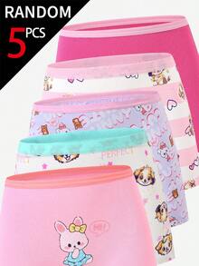 SHEIN [5 Sets Random] Girls Toddler Stylish Underwear,Soft Cotton Cartoon Rabbit Pattern Heart Graphics Striped Designs Light Pink White Purple Boxer Briefs - Multicolor - View 5