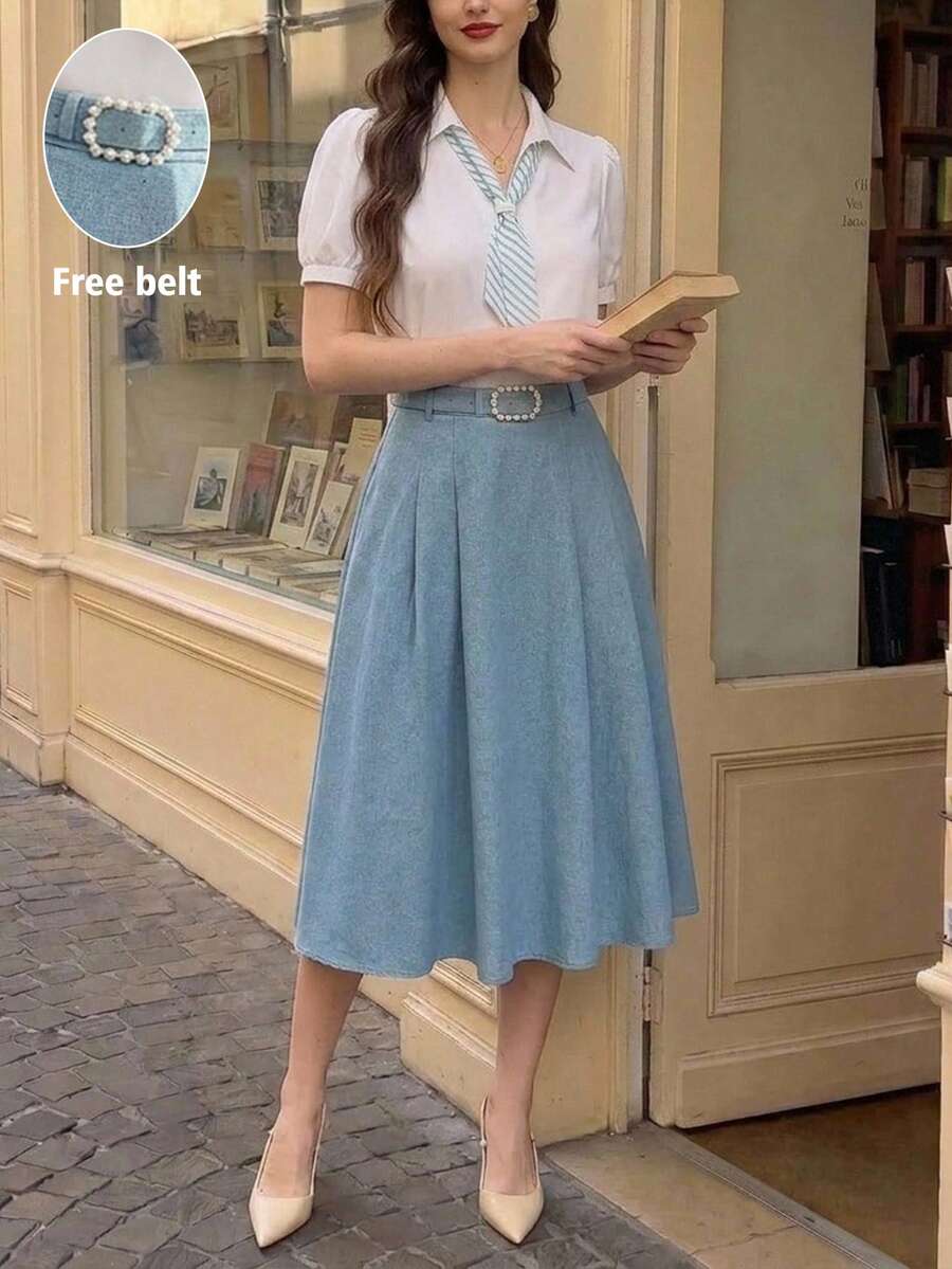 Vintamour Vintage Preppy Klassisch Elegant Damen 2-teiliges Set Frühling Sommer Bluse Rock Gürtel Blau und Weiß gestreift Aqua Schulanfang Büro Outfits für Frauen