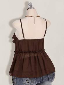 SHEIN ICON Plus Size Women's Ruffle Chiffon Solid Color Tie Strap Camisole - Brown - View 9