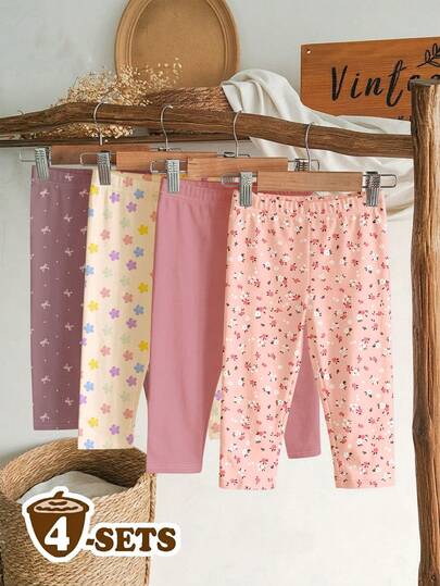 SHEIN Soft Mist Color Palette, Bohemian Floral & Polka Dot Pattern, Baby Girl Cute Comfortable Casual Elastic Leggings 4pcs Set, Suitable For Autumn/Winter Daily Wear, Easy Comfort, Casual Wear, New Season