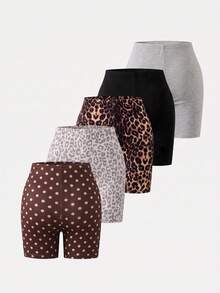 [Randomly Ships 1 Of 5]Girls' Summer Thin Casual Shorts, Versatile Outerwear, Polka Dot, Leopard, Black, Gray, Solid Color, Pony Print, Patterned, Sweet And Cool Style, Knitted Fabric, Comfortable And Soft Leggings - Multicolor - View 2