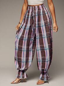 Hauture Pantalones largos para mujer de tela a cuadros naranja con fruncido, dobladillo con volantes, cintura elástica alta con diseño de lazo, pierna acampanada, estilo callejero, casual para vacaciones, bohemio, corte holgado, versátil para uso diario y desplazamientos - Multicolor - Ver 5