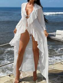 Sirith Women's Solid Color Long Sleeve Drawstring Hem Cover Up - White - View 6