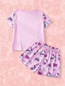 HELLO KITTY AND FRIENDS | SHEIN 少女可爱卡通字母图案短袖T恤和短裤睡衣套装，夏季 - 粉色 - 查看 2