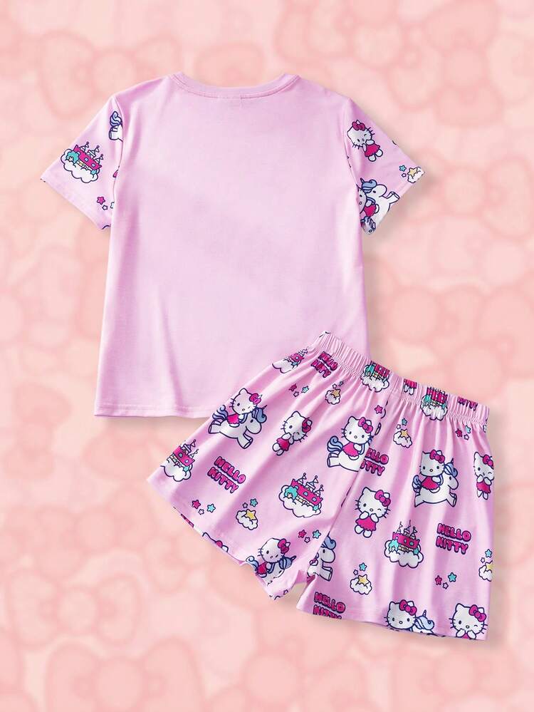 HELLO KITTY AND FRIENDS | SHEIN طقم بيجامة قصير الأكمام مكون من تي شيرت وشورت مع رسومات كرتونية وحروف جذابة للفتيات المراهقات، صيفي - وردي - مشاهدة 2