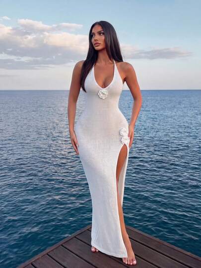 Sirith White Knit Halter Tie Sexy Backless Hand-Crocheted Floral Trim V-Neck Sexy Design Women's Sweater Dress
