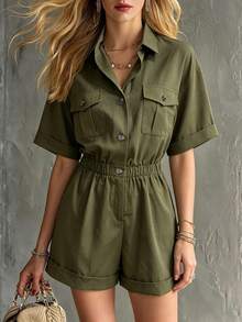 Breezaya Women's Solid Color Pleated Casual Daily Wear Romper - Army Green - View 3