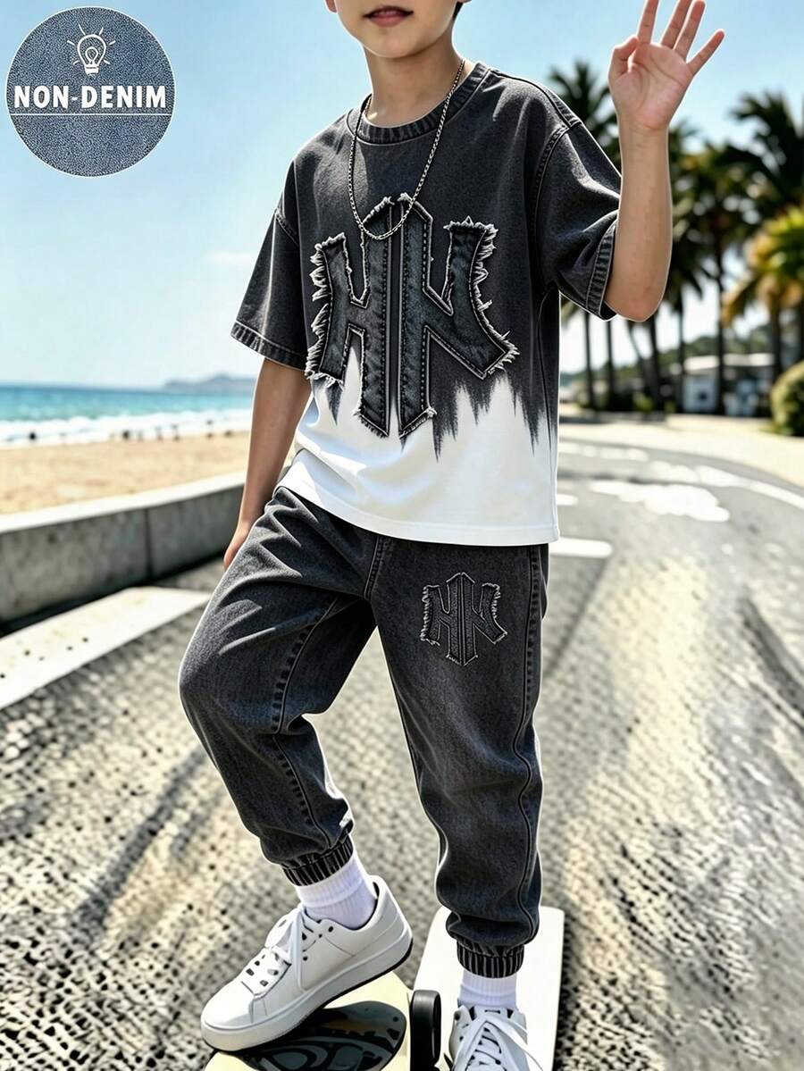 SHEIN 青少年男孩字母印花拼色漸層寬鬆T恤與慢跑褲套裝 秋季返校街頭風休閒長袖套裝 - 彩色 - 查看 1