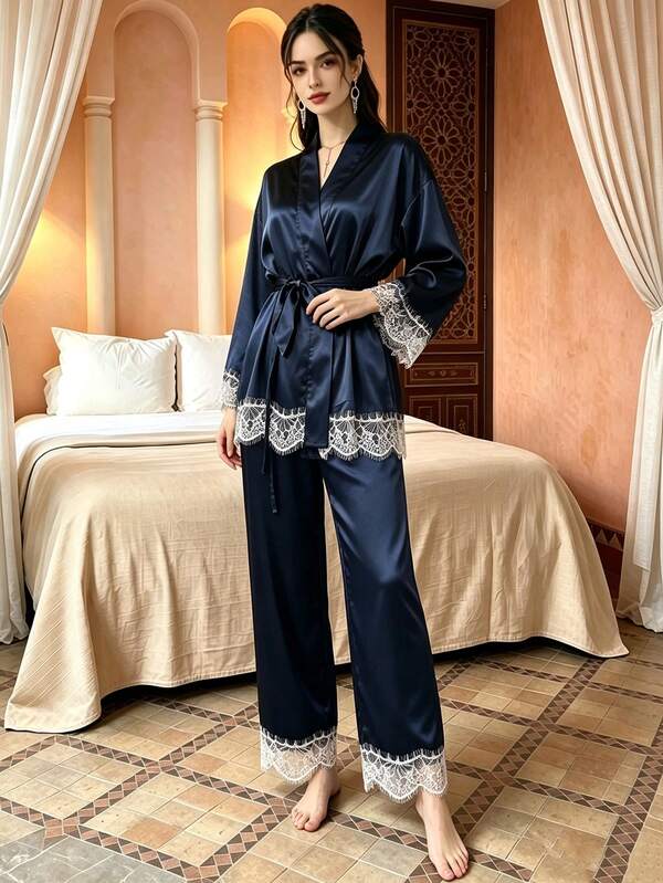 Jahmira Set Piyama Satin Merah Wanita, Jubah Lengan Panjang Berhiaskan Renda dengan Sabuk dan Celana Panjang, 2 Potong untuk Pernikahan Pengantin