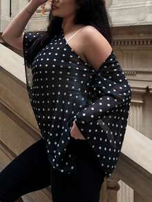 kyraskinnerx Black Polka Dot Asymmetric Shoulder Mesh Blouse For Women, Spring/Summer Polkadot Top Women Summer Blouse Top Short Sleeve Top Top Summer Vacation - Black - View 5