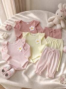 SHEIN Playful Pals 3套女嬰連身衣褲套裝，可愛甜美風，灰粉色、奶油黃、粉色條紋，3D雛菊荷葉邊蝴蝶結飛袖圓領，生日派對秋季款 - 彩色 - 查看 9