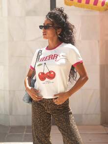 ZOE BAYONA Women's White And Red Cherry Print Short Sleeve T-Shirt,34% Cotton Summer Cute School Back-To-School Top,Vintage Y2K Boho Coconut Girl Casual Style - Red and White - View 5