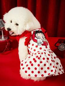 Betty Boop X PETSIN 1件可愛紅白波點復古卡通印花荷葉邊肩帶休閒洋裝，適合小型犬貓，適合室內派對或陽光戶外散步 - 波點 - 查看 3